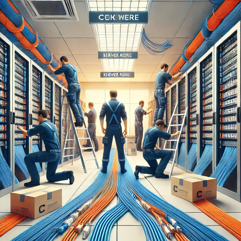 Workers running cabling